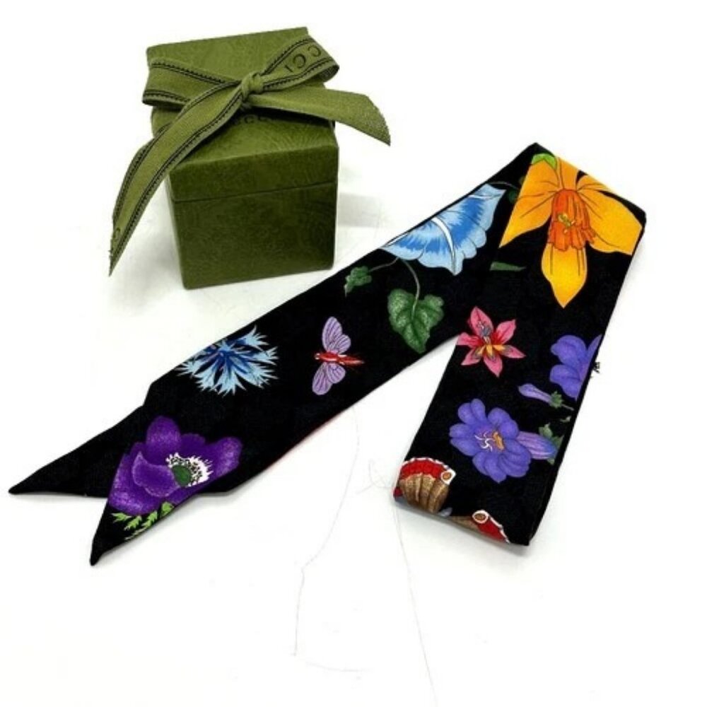 GUCCI 761704 GG Flora print Neck bow Scarf silk Black - Picture 10 of 10